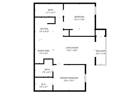Floor plan for 2 beds, 2 baths, 789 sqft